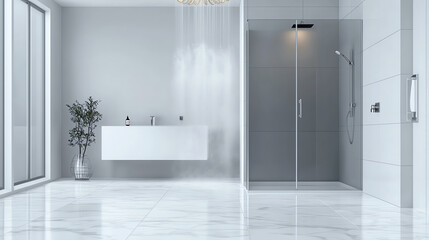 Elegant high-end luxury bathroom with marble floors and stunning chandelier - a perfect blend of sophistication and comfort