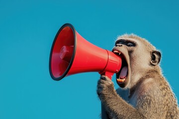 A primate holds a bright red loudspeaker in its mouth