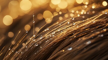 Glimmering Water Drops on Golden Hair Strands