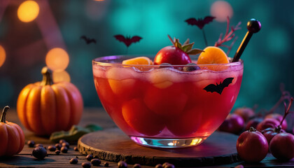 Spooky Halloween Cocktail with Bats and Pumpkins