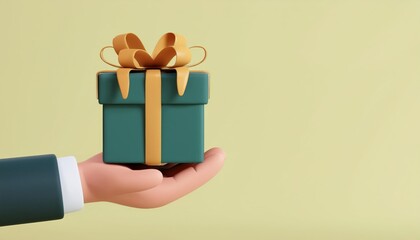 A hand holds a green gift box with a golden ribbon against a light yellow background, symbolizing celebration and generosity.