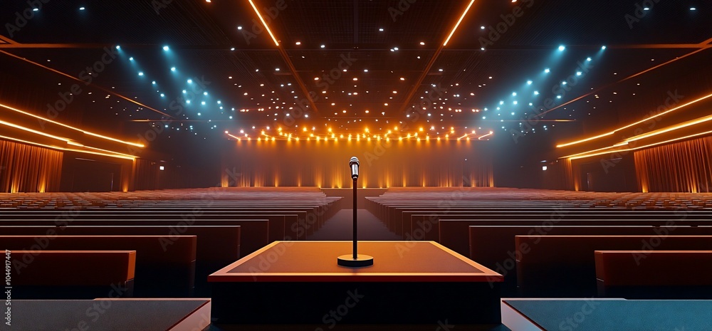 Poster a single microphone stands on a stage in front of a darkened auditorium with rows of empty seats. th