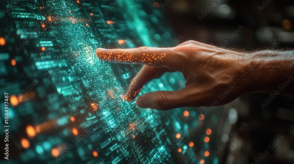 Poster a hand reaches out to touch a digital screen filled with glowing data and code.