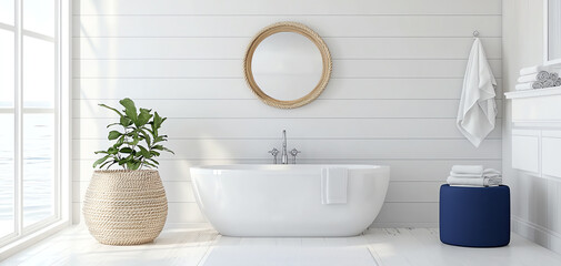 Fototapeta premium Elegant nautical-themed bathroom decor in navy and white a harmonious blend of serenity and style for a refreshing home retreat