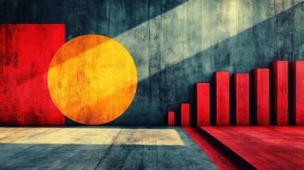 A red and yellow abstract geometric design on a concrete wall with a bar graph made of red bars in front of it.