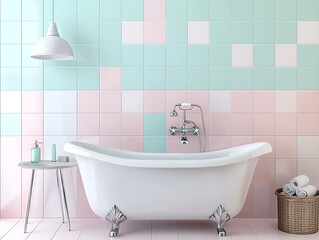 Charming retro bathroom design featuring pastel-colored tiles and elegant bathtub for a stylish...