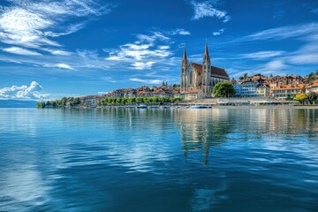 Lausanne Cityscape: Historic Cathedral Overlooking Lake Geneva in Switzerland