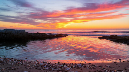 Obraz premium Sunset Reflection on Rocky Coastline