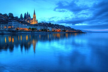 Fototapeta premium Lausanne, Switzerland: Historical Old Town and Blue Lake Views