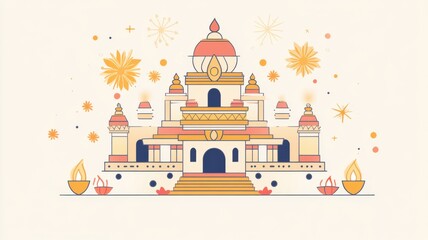Fototapeta premium Festive flat illustration of a Hindu temple with Diya lamps and marigold flowers, depicted in stylized lines with vibrant colors and light background. Diwali