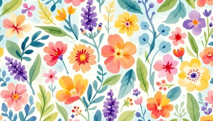 Watercolor floral seamless pattern. Cute botanical print, blooming summer meadow with butterflies on white background. gentle bright tiny flower pattern for summer print dress