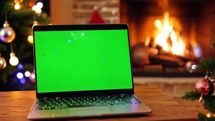 Silver laptop computer is showing a green screen. The laptop is on a wooden table in a cozy living room. A decorated christmas tree and a fireplace are in the background - Powered by Adobe