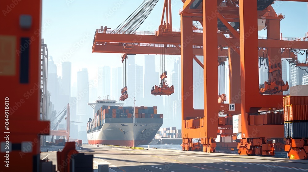 Poster container ship at port with crane operations
