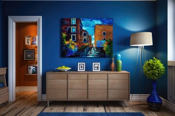 A cozy blue room with a beautiful painting on the wall, perfect for home decor or interior design inspiration