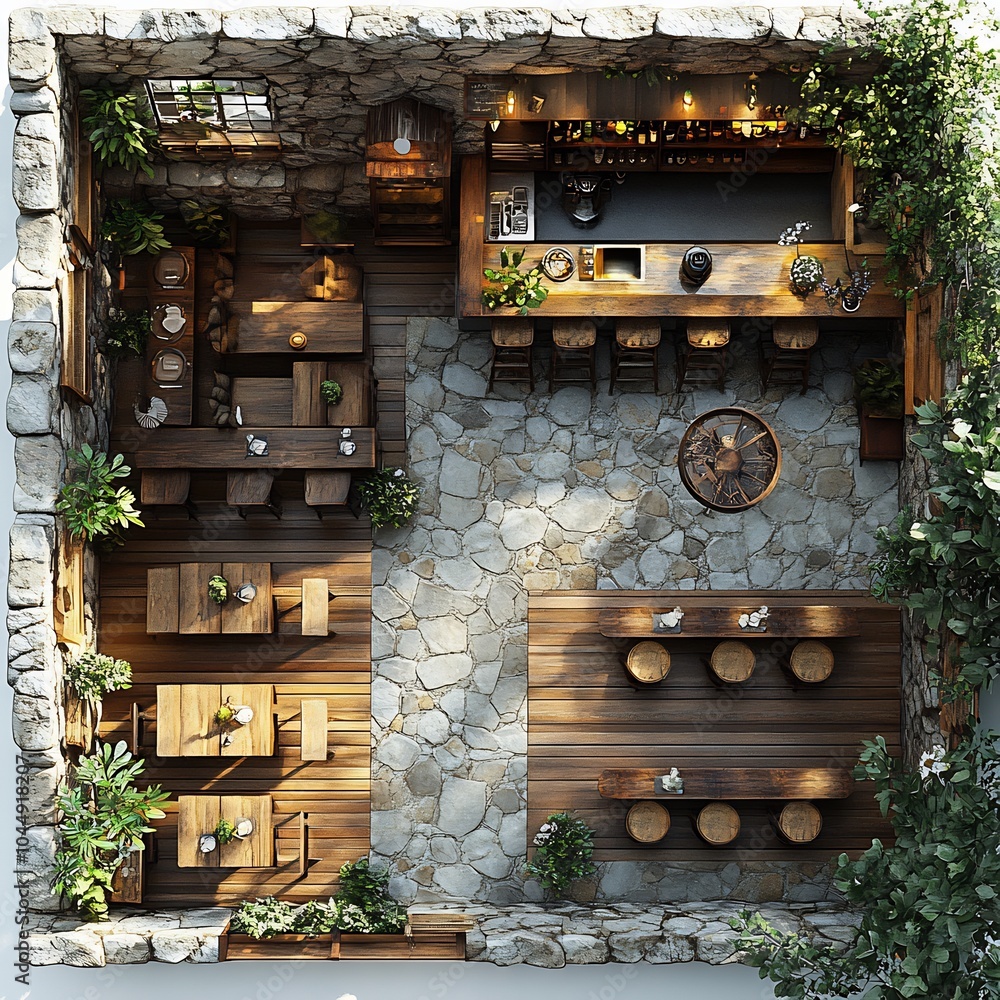 Aufkleber topdown 3d render of charming rustic caf with wooden tables a stone fireplace and a counter floor pl