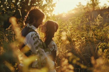A couple standing together in a green field with no buildings or structures in sight