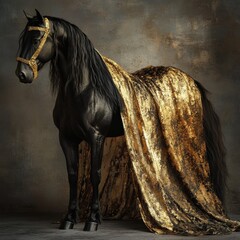 Dark Horse: Black Stallion in Golden Cape, Majestic Animal Concept