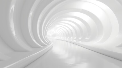 Futuristic White Architectural Tunnel, an abstract design featuring sleek lines and bright illumination, creating an immersive 3D space that invites exploration and imagination.