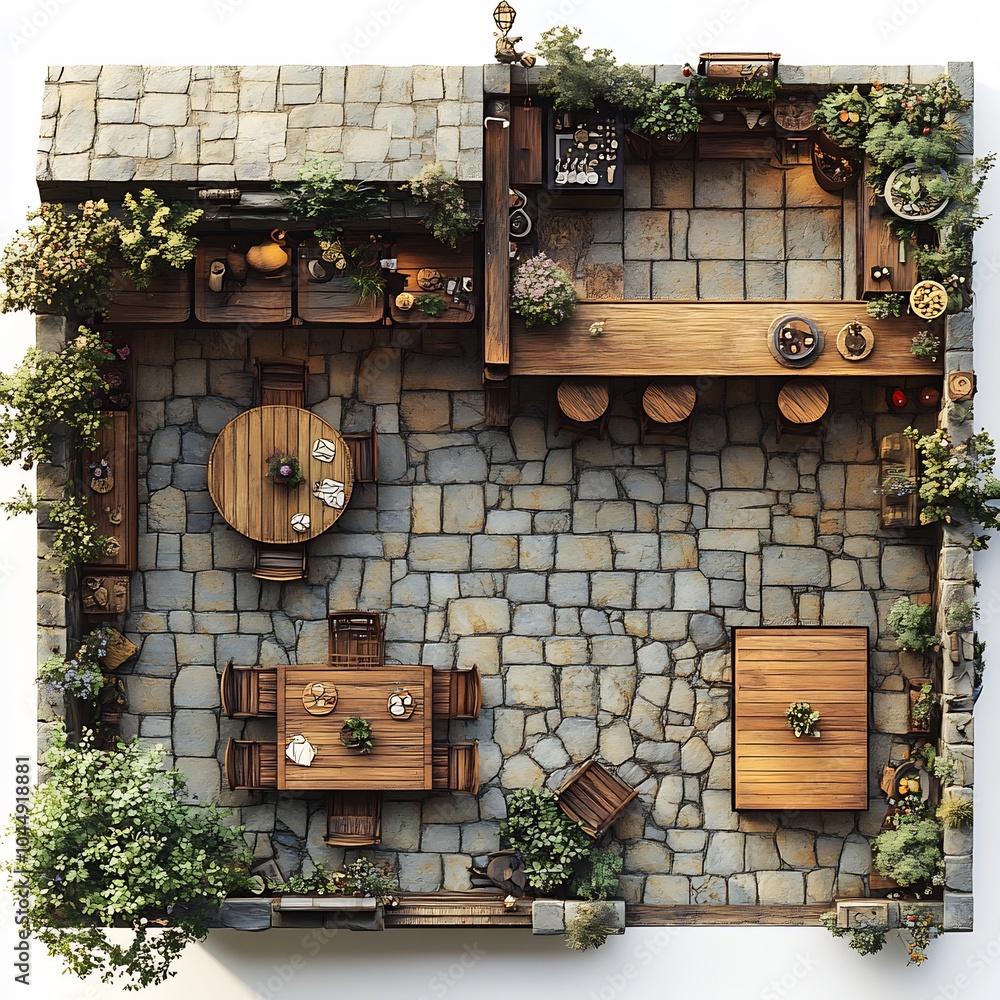 Poster topdown 3d render of charming rustic caf with wooden tables a stone fireplace and a counter floor pl