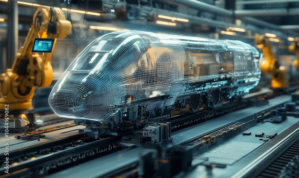 Poster A transparent futuristic train on an assembly line is being constructed by robotic arms.