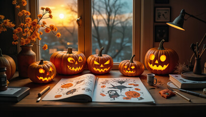 Obraz premium Cozy Autumn Scene with Halloween Pumpkins and Art Supplies