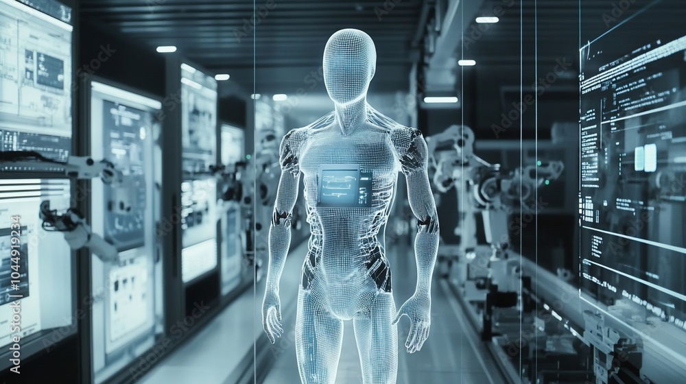 Poster A transparent humanoid robot stands in a futuristic factory setting, surrounded by robotic arms and screens.