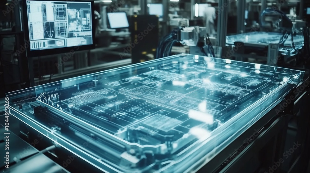 Poster a transparent glass table with blue light showing a circuit board design.
