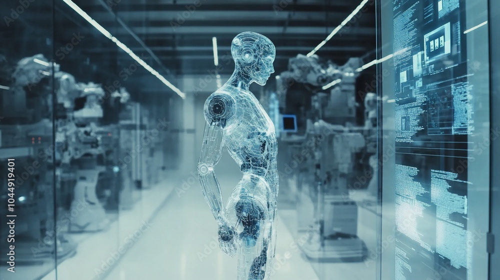 Aufkleber A transparent humanoid robot stands in a futuristic laboratory surrounded by other robots and computer screens.