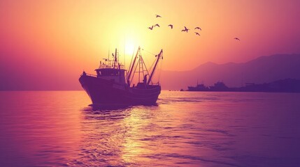 Obraz premium Tranquil Sunset Over Fishing Boat in Serene Waters