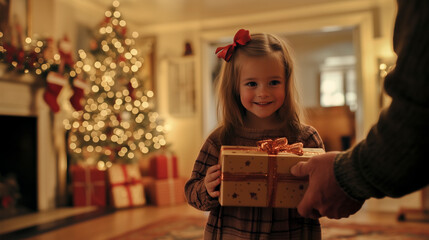 Niña recibiendo un paquete de regalo de navidad de su Papá