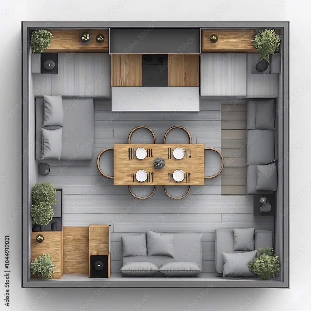 Aufkleber topdown 3d render of compact small dining room with a minimalist table and seating organized floor p