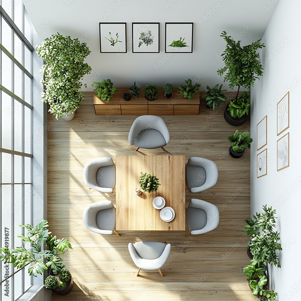 Poster topdown 3d render of compact small dining room with a sleek table and minimalist chairs detailed flo