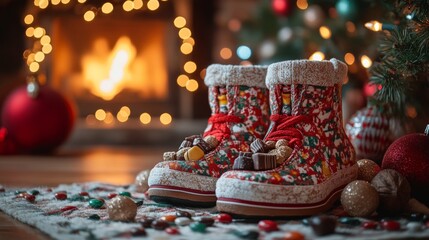 Kids boots with gifts, chocolates, and nuts for Saint Nicholas Day. Christmas lights and fireplace