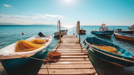 Fototapeta premium Serene Dock at Seaside with Colorful Fishing Boats