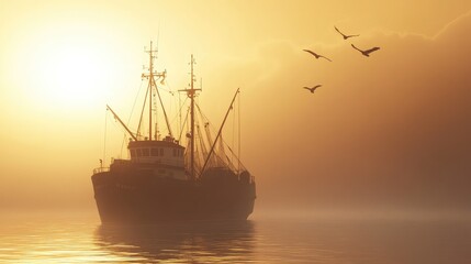 Fototapeta premium Sunset Scene with Fishing Boat and Flying Birds