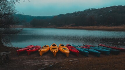Colorful Kayaks by Calm Water Under Overcast Sky