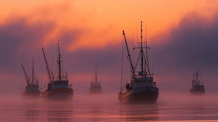 Fototapeta premium Fishing Boats in Misty Sunrise Over Calm Waters