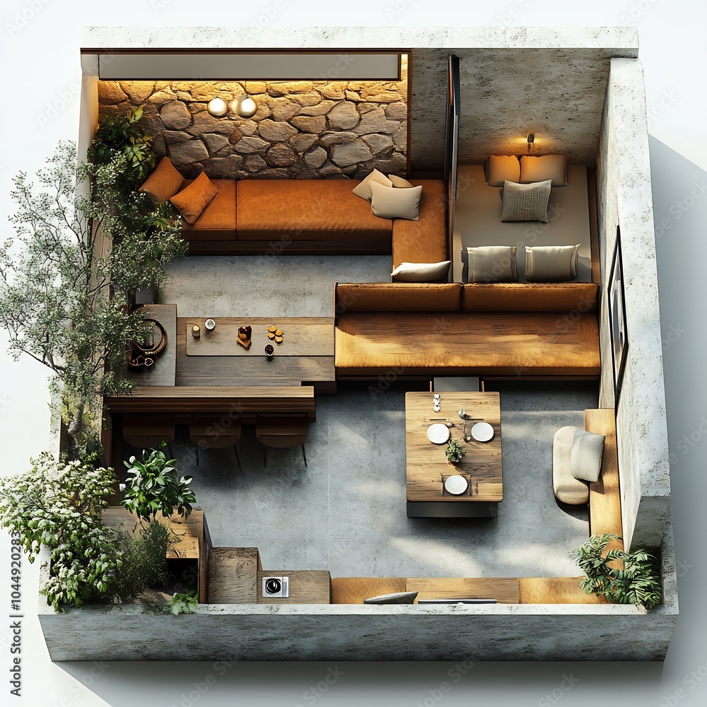 Poster topdown 3d render of compact small dining room with a minimalist table and seating organized floor p