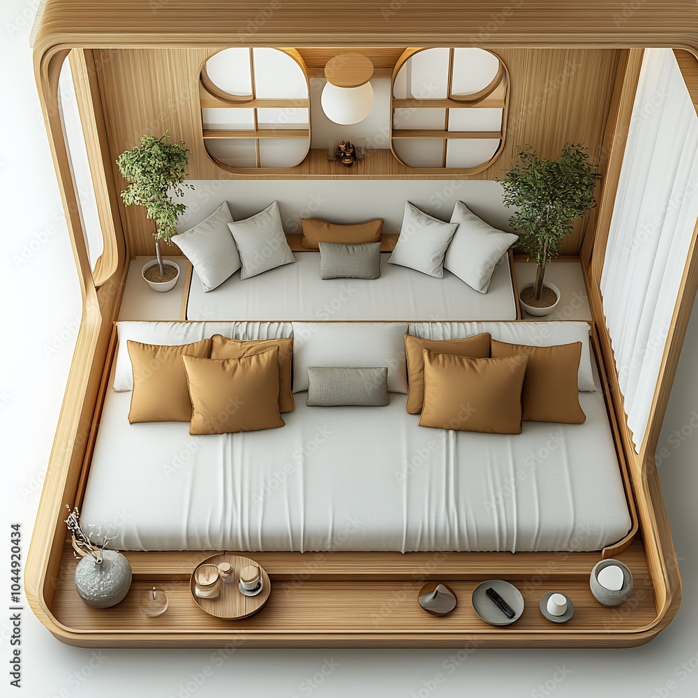 Poster topdown 3d render of guest room with a daybed and minimalist floor plan arranged on a plain white ba