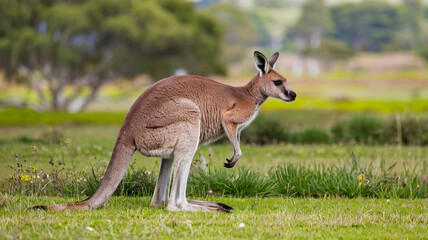 Kangaroo Standing in Grassy Field with Blurred Background
