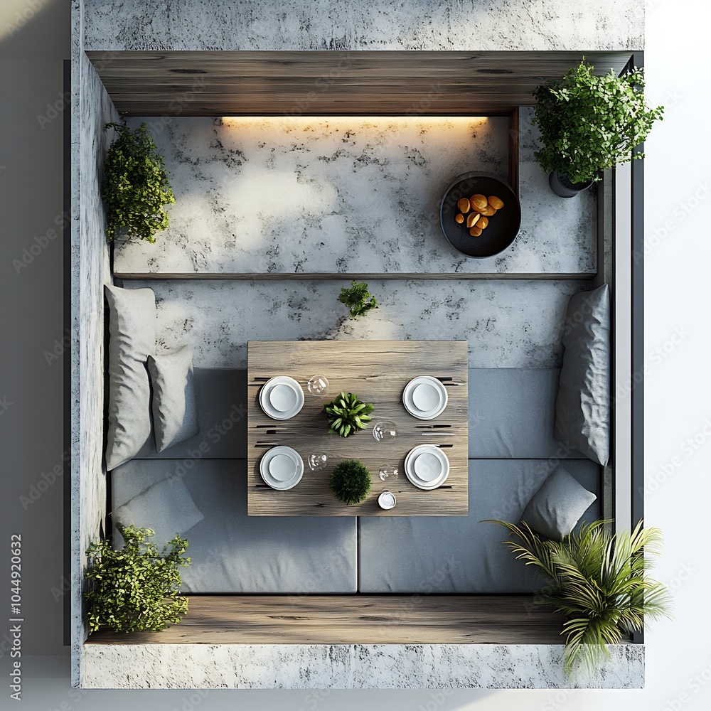 Aufkleber topdown 3d render of compact small dining room with a minimalist table and seating organized floor p