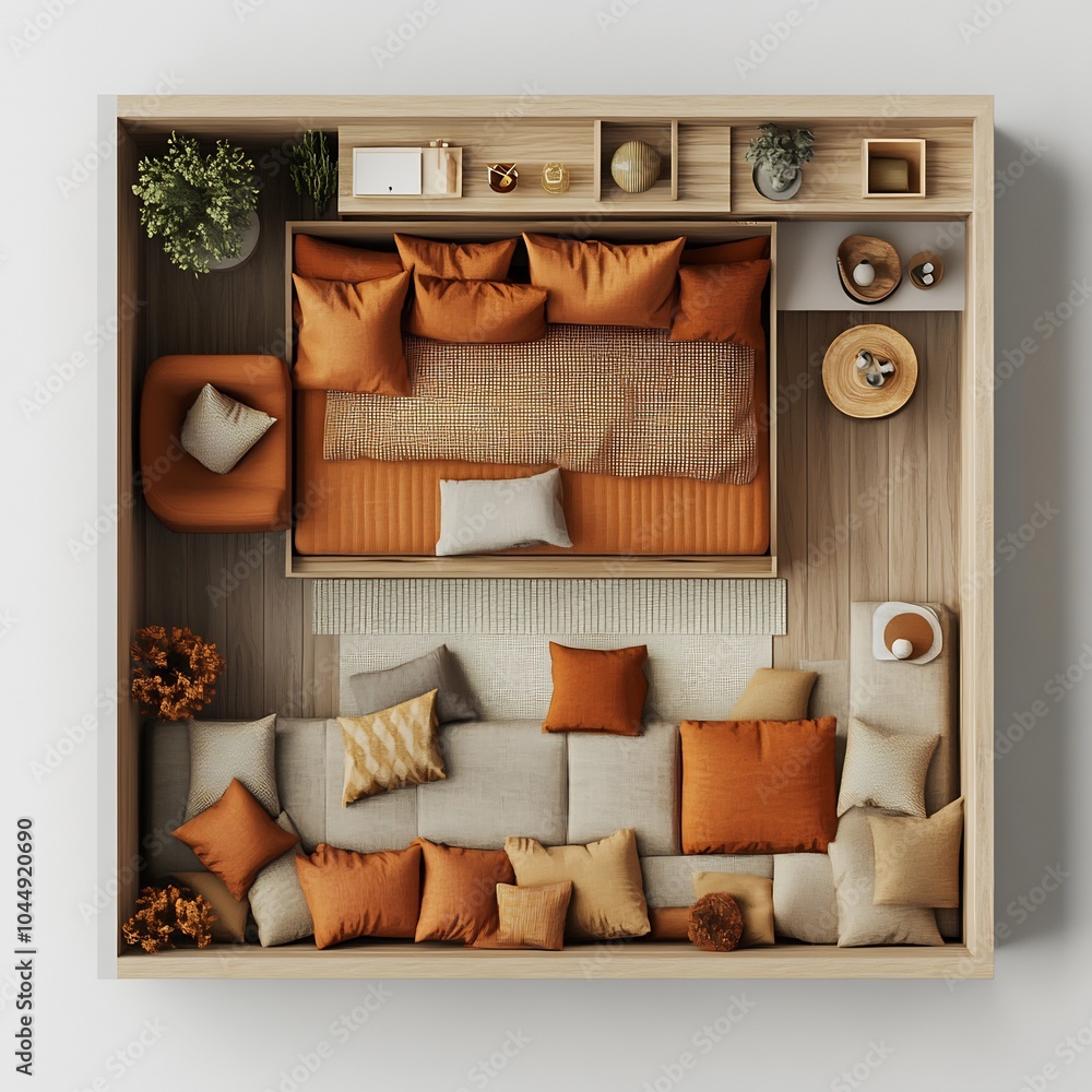 Poster topdown 3d render of guest room with a daybed and minimalist floor plan arranged on a plain white ba