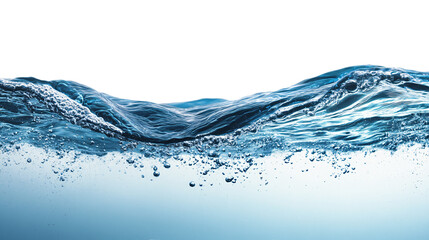 A side view of a clean blue color drinking water body with bubbles and surface waves on an isolated background