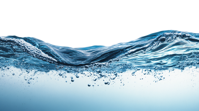 A side view of a clean blue color drinking water body with bubbles and surface waves on an isolated background