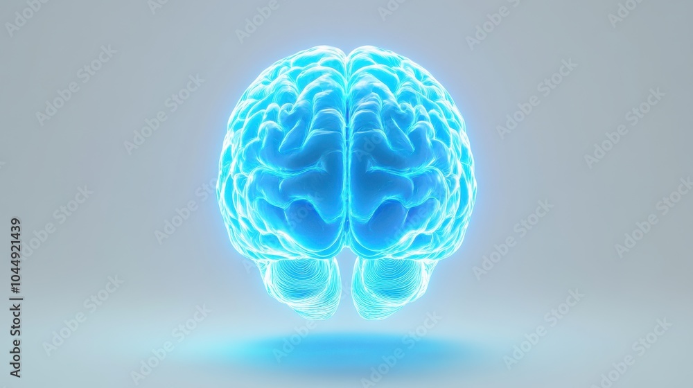 Fototapete a detailed 3d rendering of a glowing brain in neon blue light, floating in the center of a pure whit