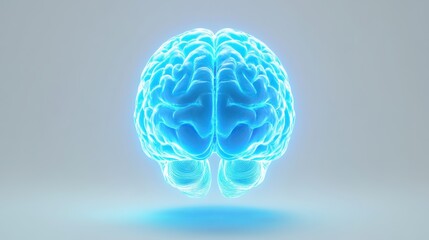 A detailed 3D rendering of a glowing brain in neon blue light, floating in the center of a pure white background, with subtle shadows