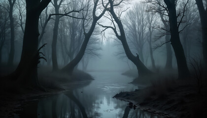 Mysterious Misty Forest at Dusk