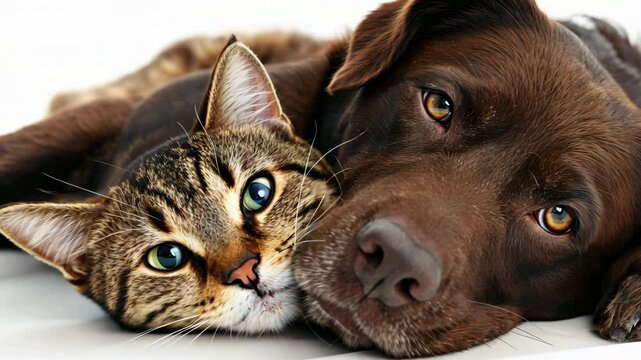 Dog and cat lying together. Pets hugging on white background. Advertising theme for a pet store or veterinary clinic.