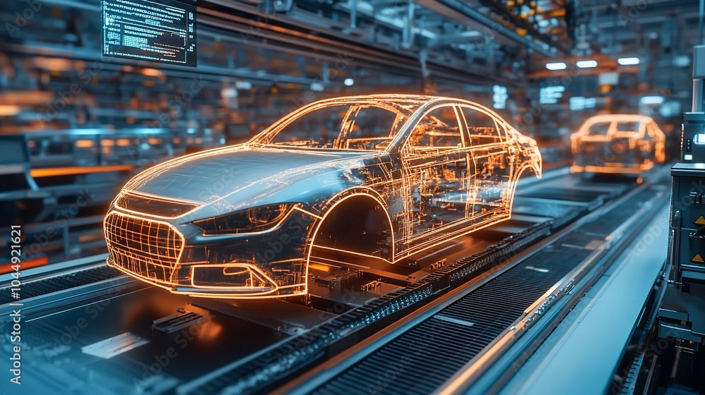 Aufkleber a wireframe car model moving along an automated assembly line.