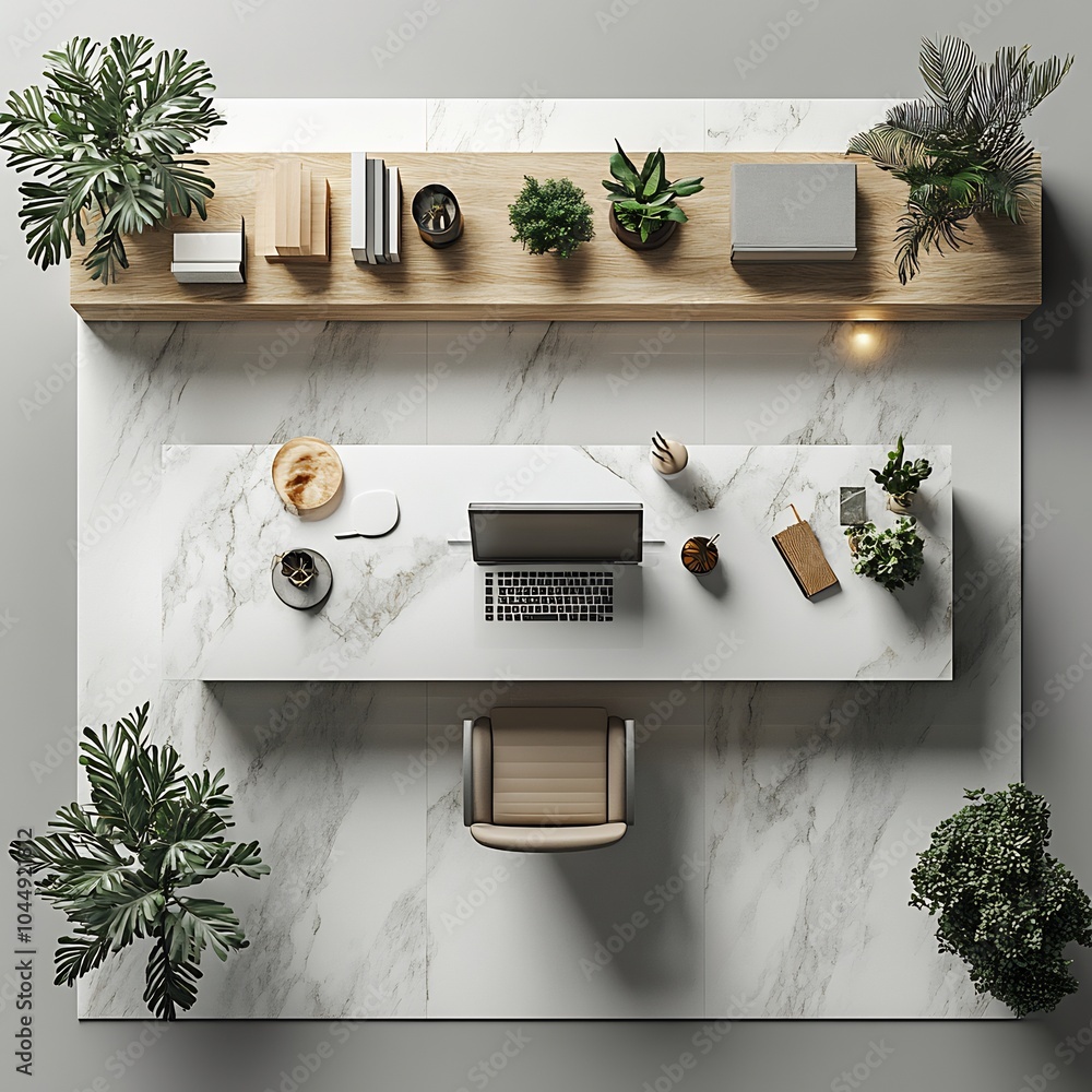 Poster topdown 3d render of minimalist study room with a white desk a simple chair and floating shelves in 